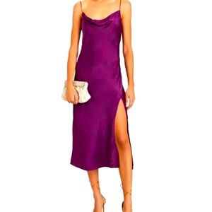 Silk, purple spaghetti, strap, Intermix dress, with front slit.